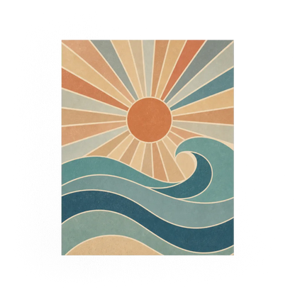 Retro Rising Sun & Ocean Wave Art Print