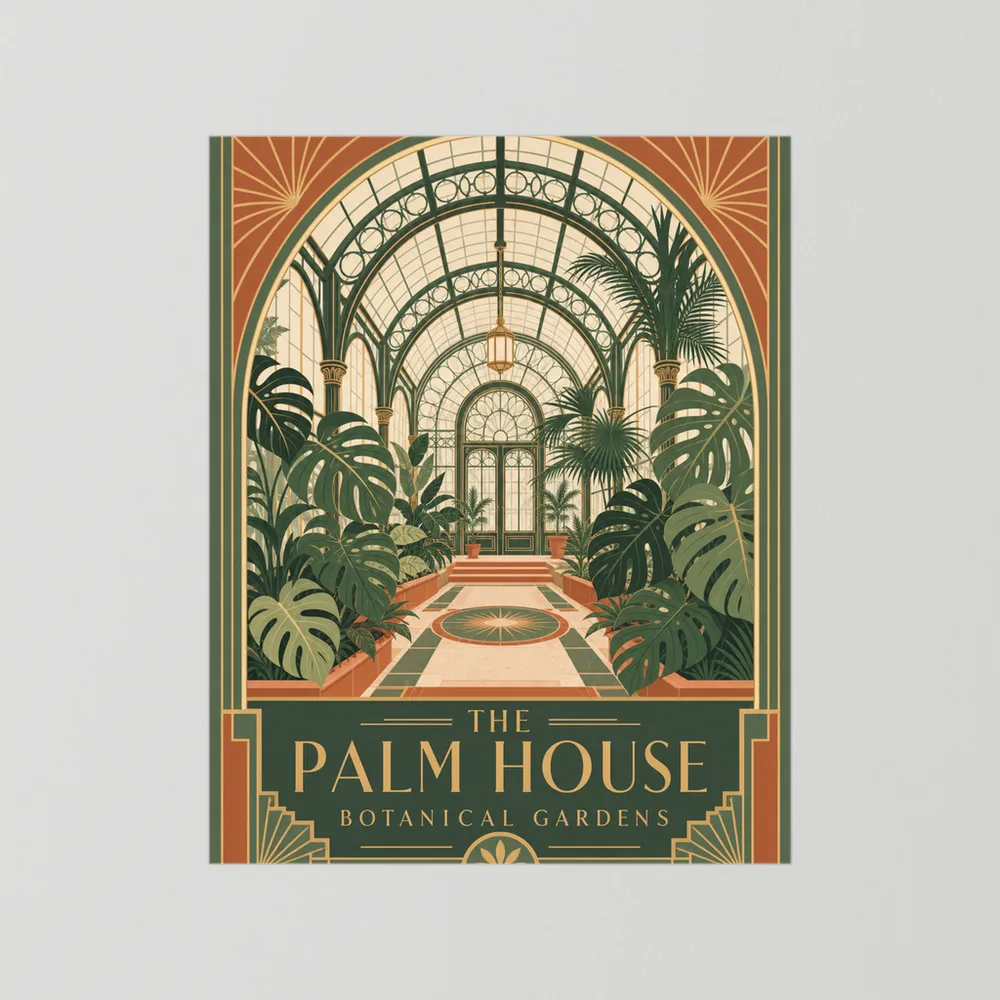 The Palm House: Botanical Gardens – Vintage Art Deco Conservatory Print