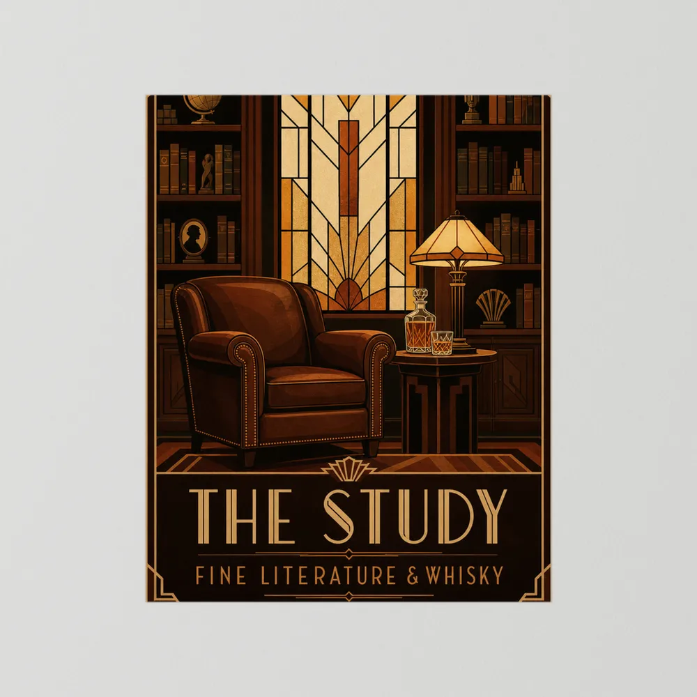 The Study: Fine Literature & Whisky – Vintage Art Deco Library Interior Print