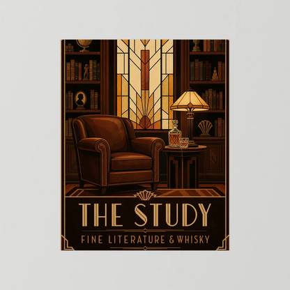 The Study: Fine Literature & Whisky – Vintage Art Deco Library Interior Print