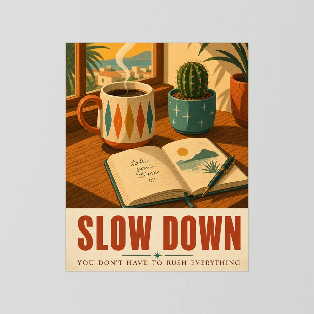Slow Down – Retro Coffee & Journal Art Print