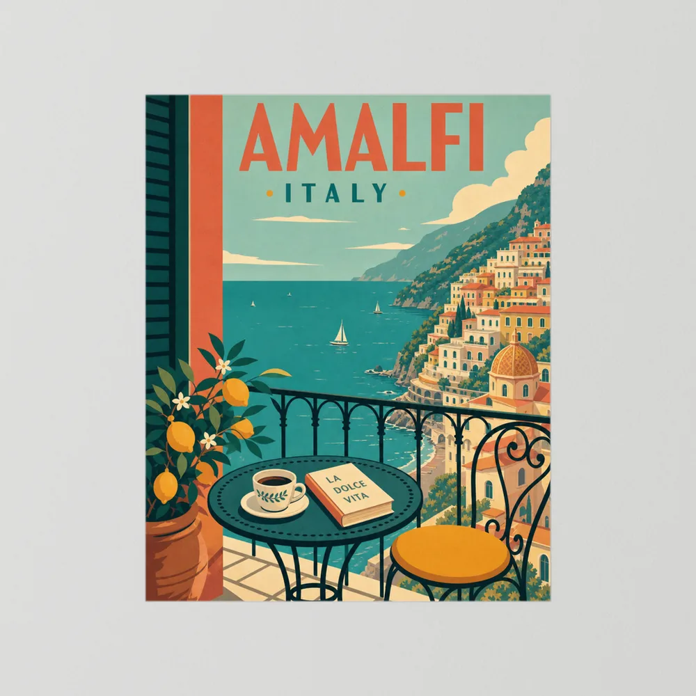Amalfi Italy Coast Balcony Vintage Travel Poster Art Print