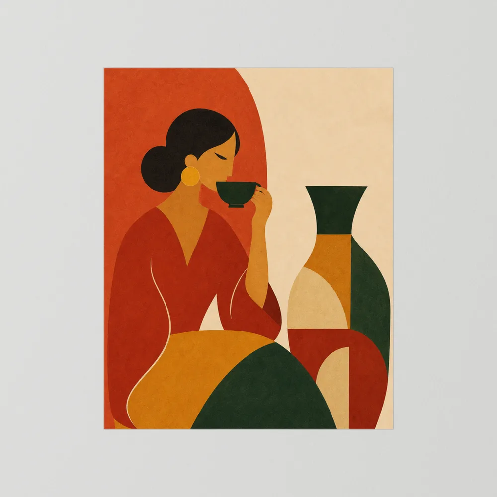 Woman Sipping Tea with Patterned Vase Boho Minimalist Art Print