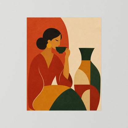 Woman Sipping Tea with Patterned Vase Boho Minimalist Art Print