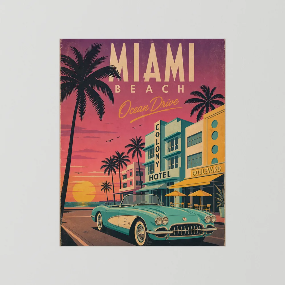 Miami Beach Ocean Drive Art Deco Vintage Travel Poster