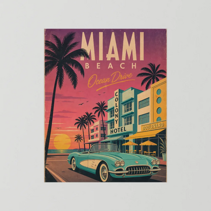 Miami Beach Ocean Drive Art Deco Vintage Travel Poster