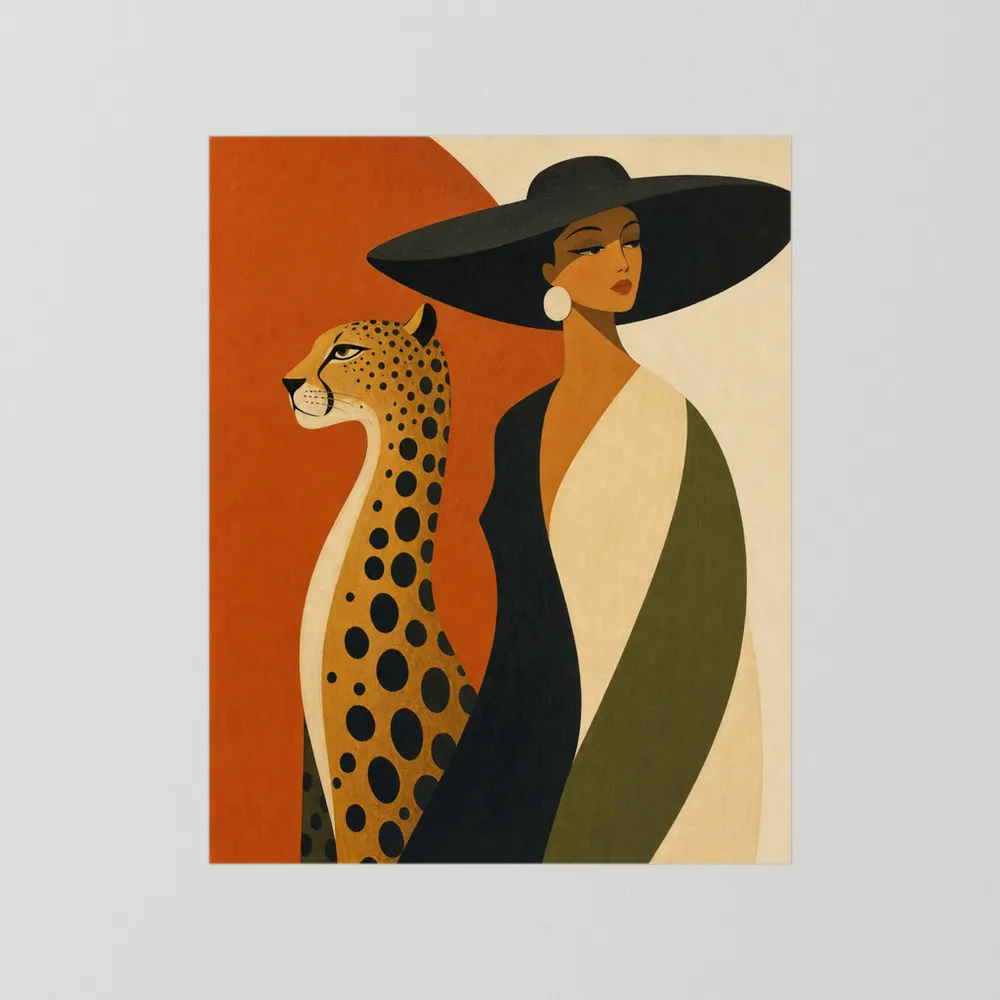 Glamorous Woman in Black Hat with Cheetah Mid-Century Art Print