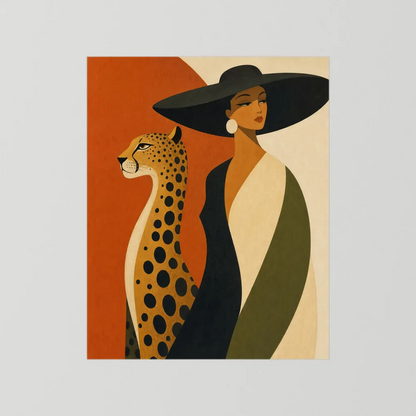 Glamorous Woman in Black Hat with Cheetah Mid-Century Art Print