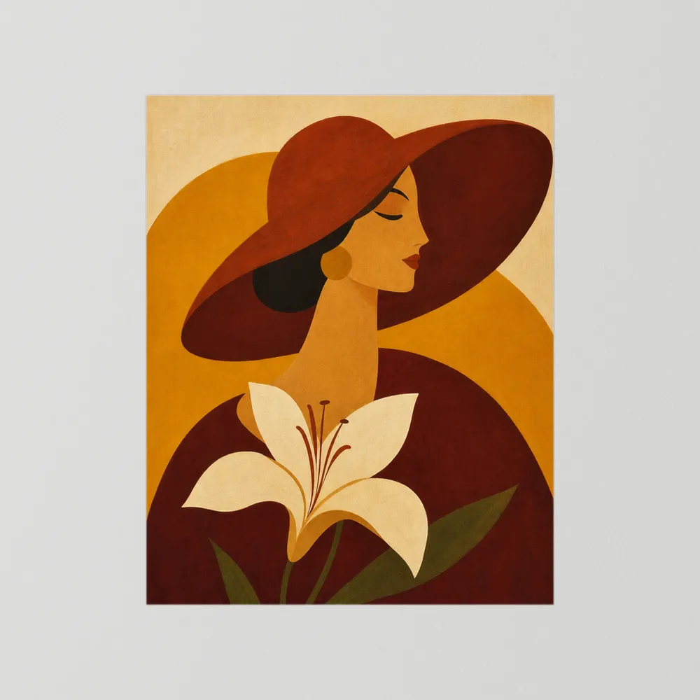 Woman in Sun Hat with White Lily Retro Art Print