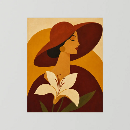 Woman in Sun Hat with White Lily Retro Art Print