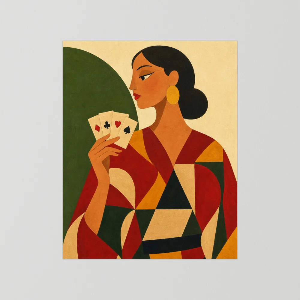 Woman Holding Playing Cards Mid-Century Art Deco Print