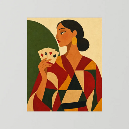 Woman Holding Playing Cards Mid-Century Art Deco Print