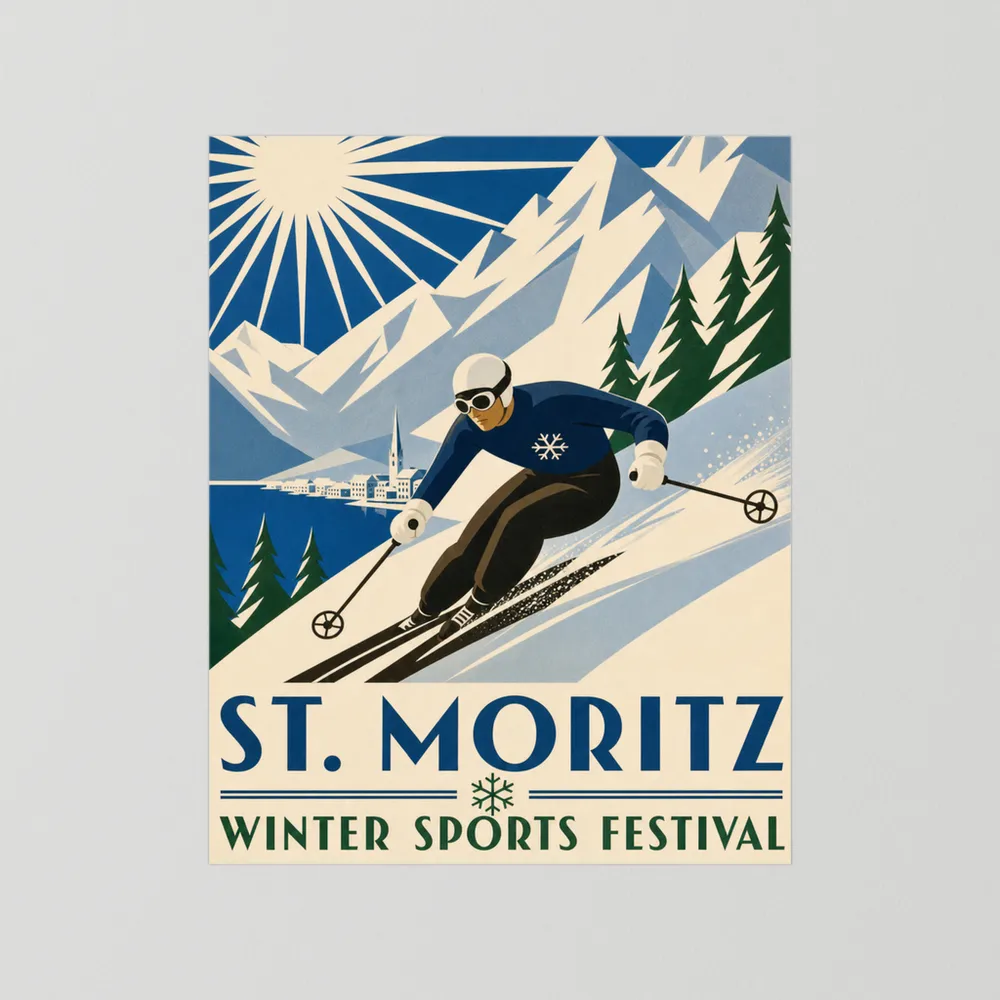 St. Moritz: Winter Sports Festival – Vintage Swiss Alps Ski Poster Print