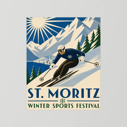 St. Moritz: Winter Sports Festival – Vintage Swiss Alps Ski Poster Print