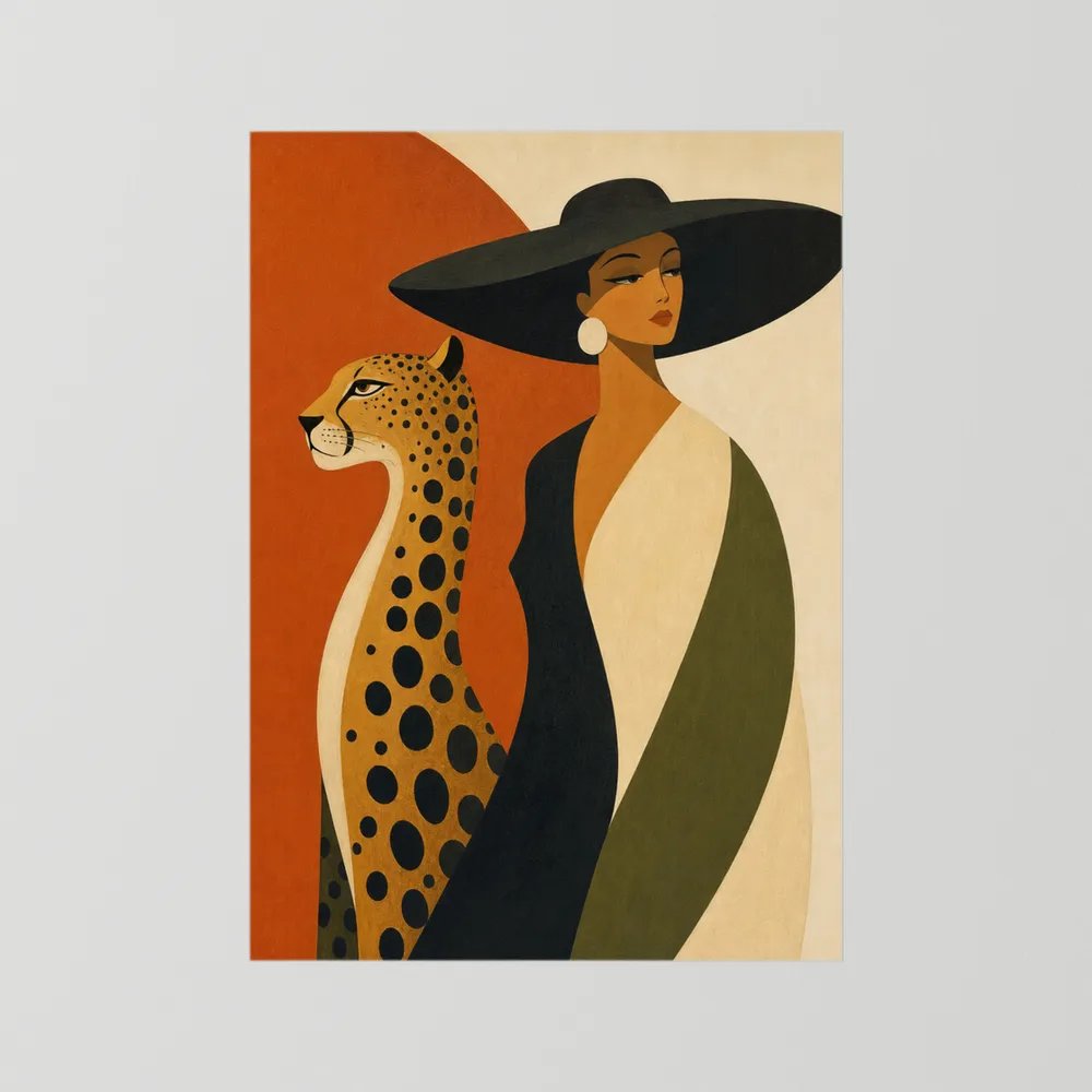 Glamorous Woman in Black Hat with Cheetah Mid-Century Art Print