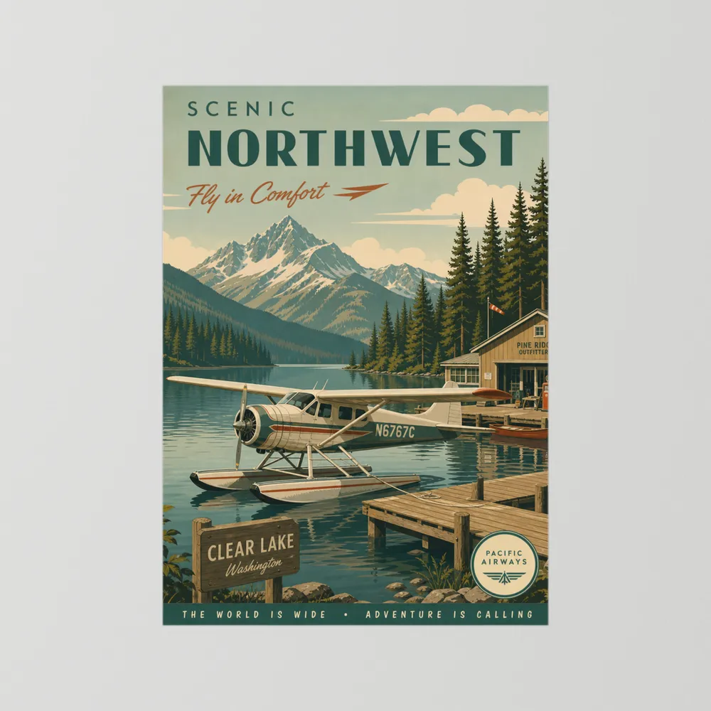 Scenic Northwest Clear Lake Washington Seaplane Vintage Travel Poster Art Print