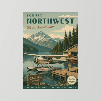 Scenic Northwest Clear Lake Washington Seaplane Vintage Travel Poster Art Print
