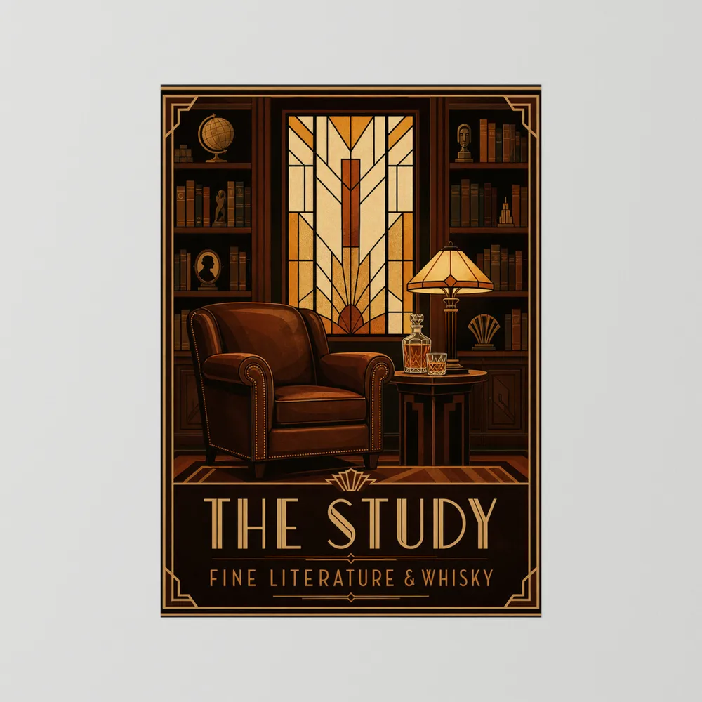 The Study: Fine Literature & Whisky – Vintage Art Deco Library Interior Print