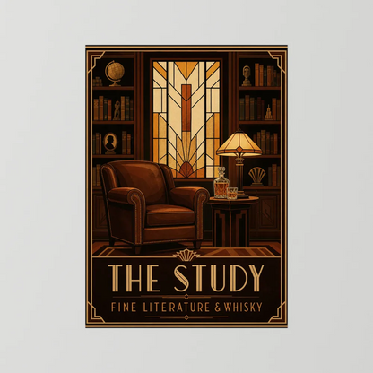 The Study: Fine Literature & Whisky – Vintage Art Deco Library Interior Print