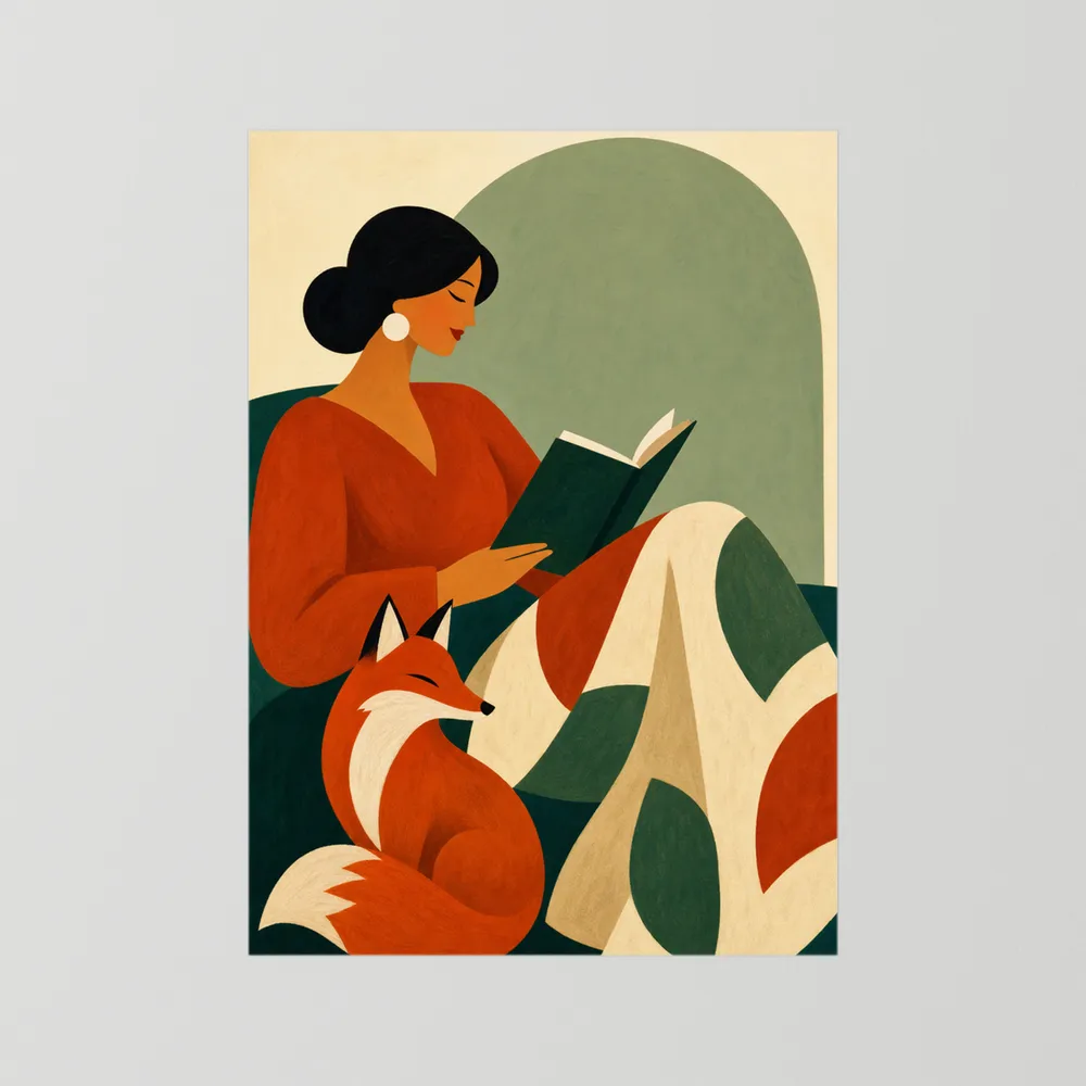Woman Reading with Fox Mid-Century Retro Art Print