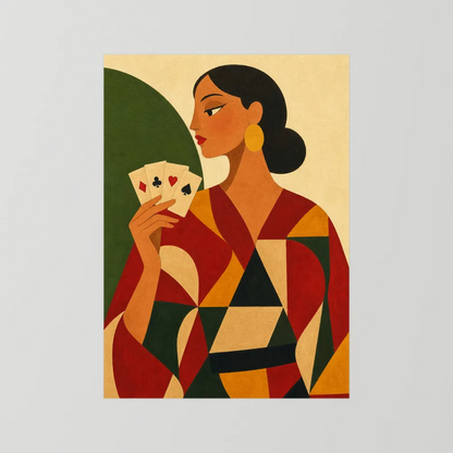 Woman Holding Playing Cards Mid-Century Art Deco Print