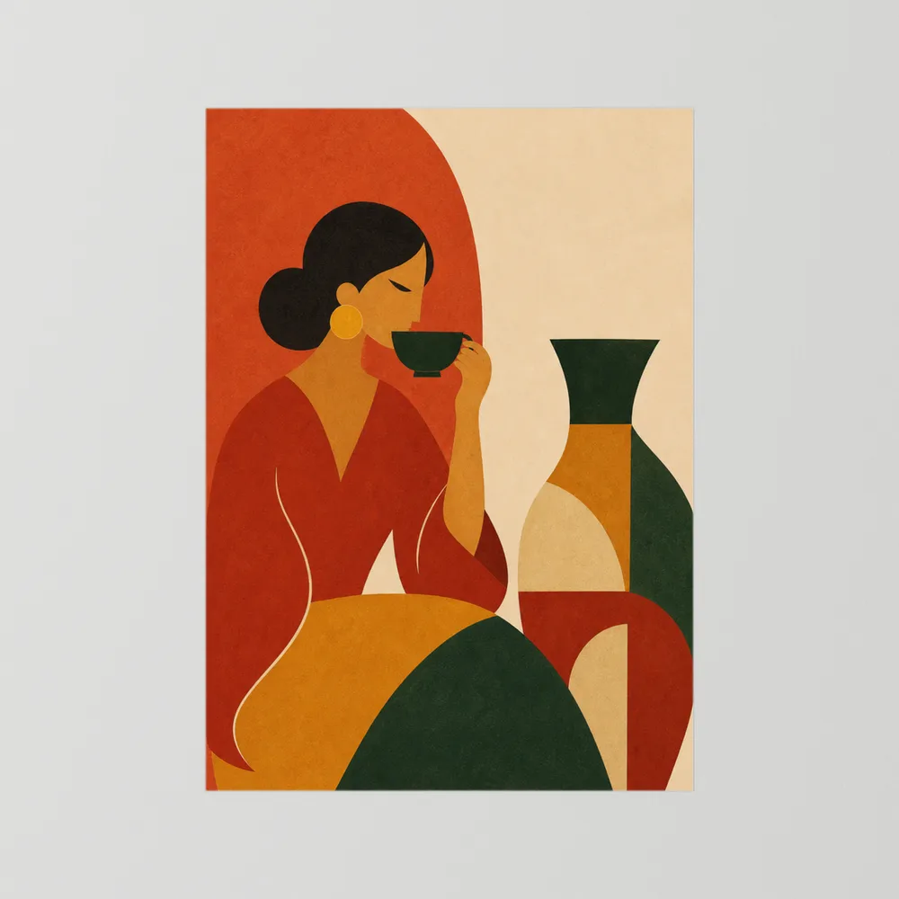 Woman Sipping Tea with Patterned Vase Boho Minimalist Art Print