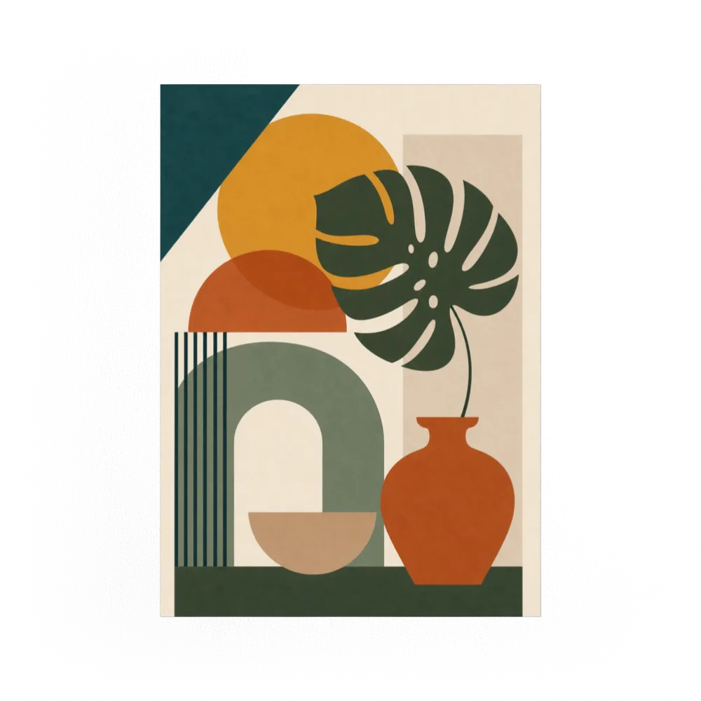 Mid-Century Monstera & Abstract Shapes Art Print