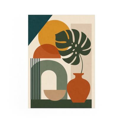 Mid-Century Monstera & Abstract Shapes Art Print
