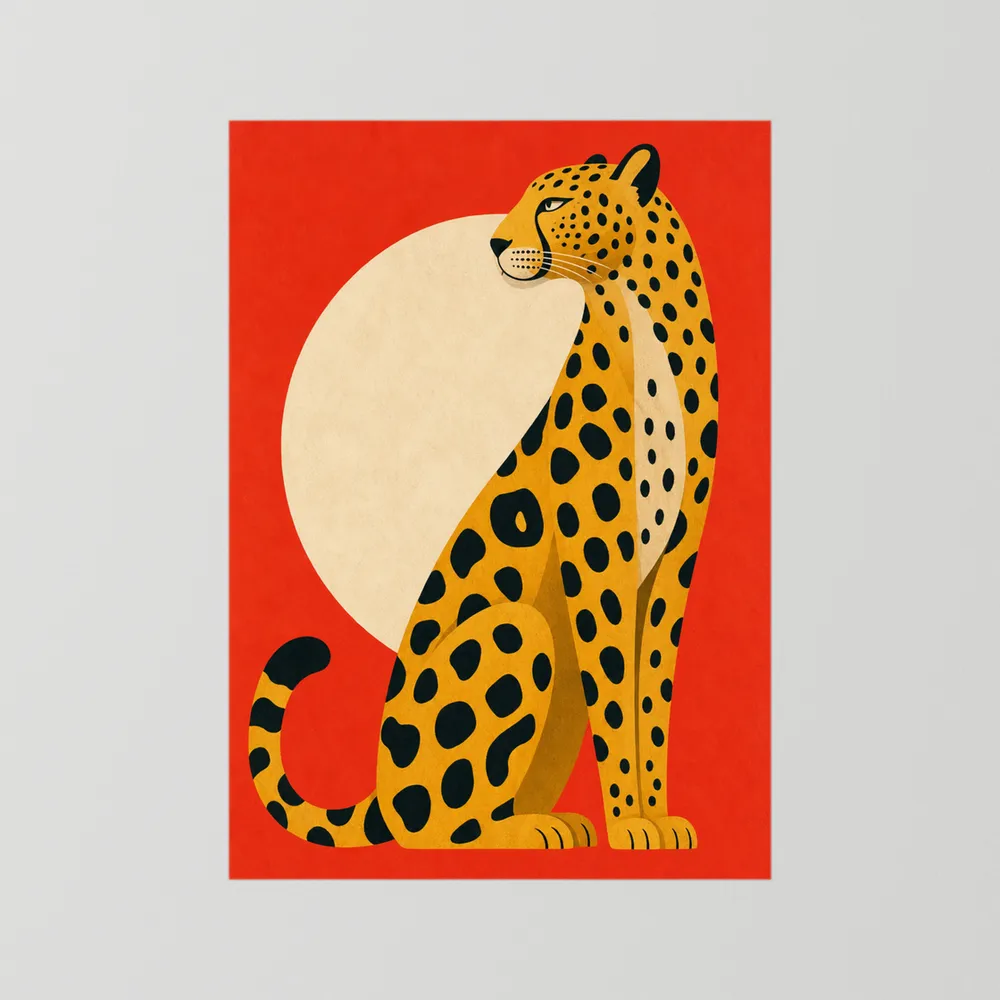 Mid-Century Modern Cheetah Red Sun Retro Art Print