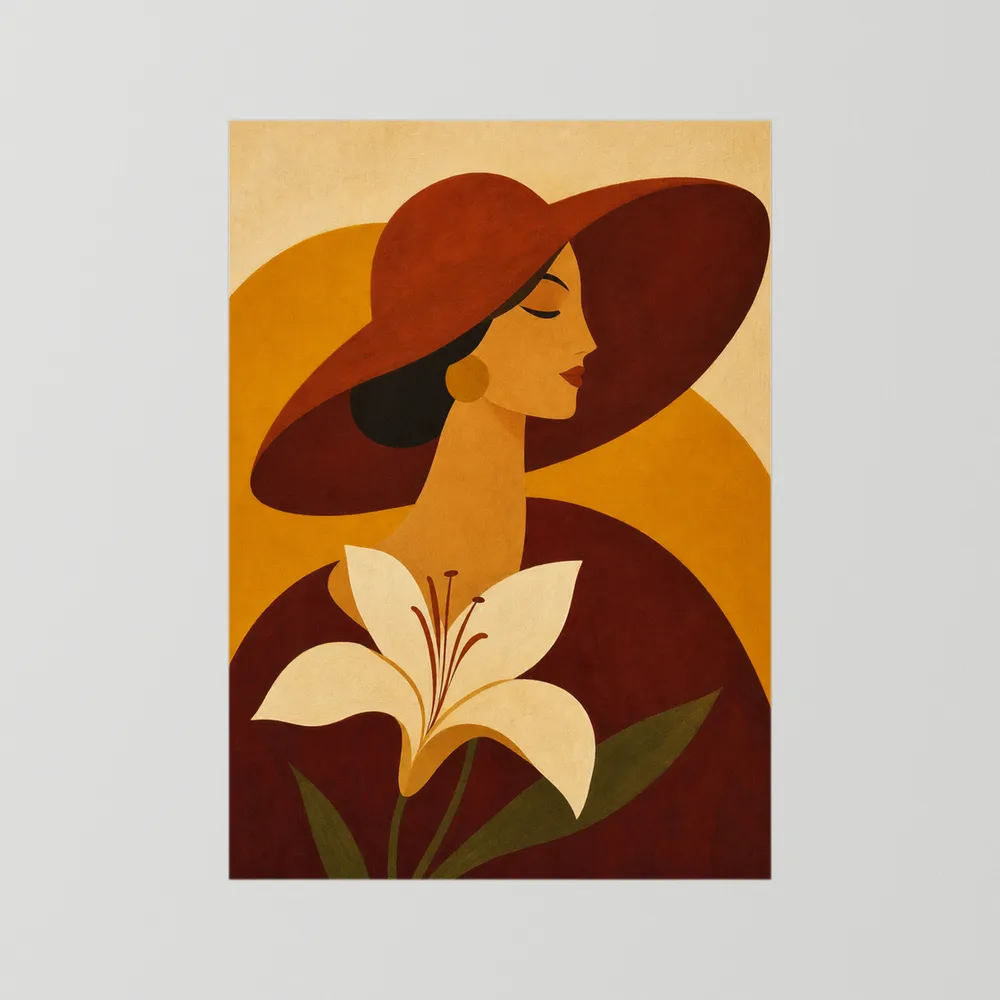 Woman in Sun Hat with White Lily Retro Art Print