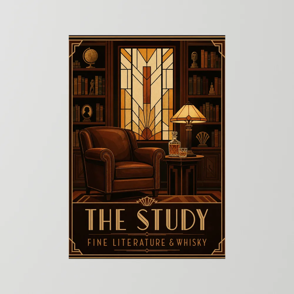 The Study: Fine Literature & Whisky – Vintage Art Deco Library Interior Print