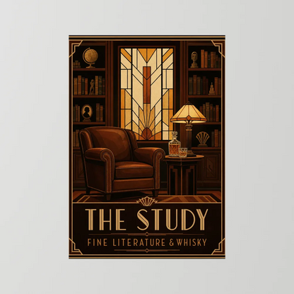 The Study: Fine Literature & Whisky – Vintage Art Deco Library Interior Print