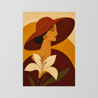 Woman in Sun Hat with White Lily Retro Art Print