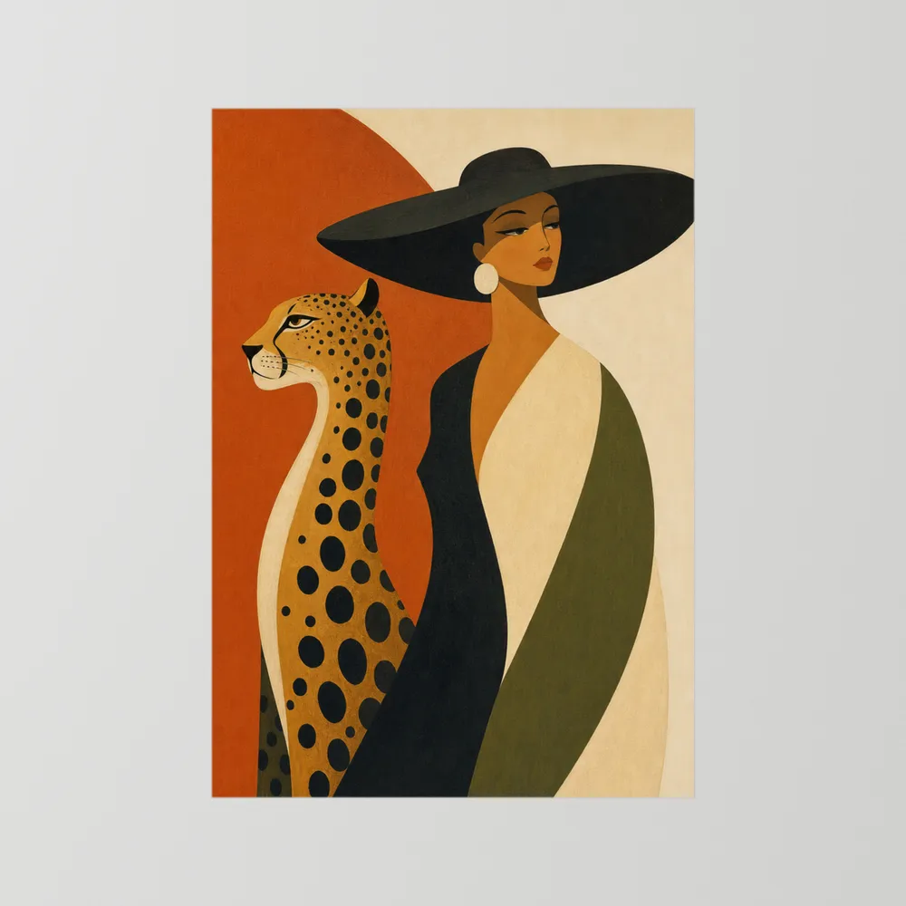 Glamorous Woman in Black Hat with Cheetah Mid-Century Art Print