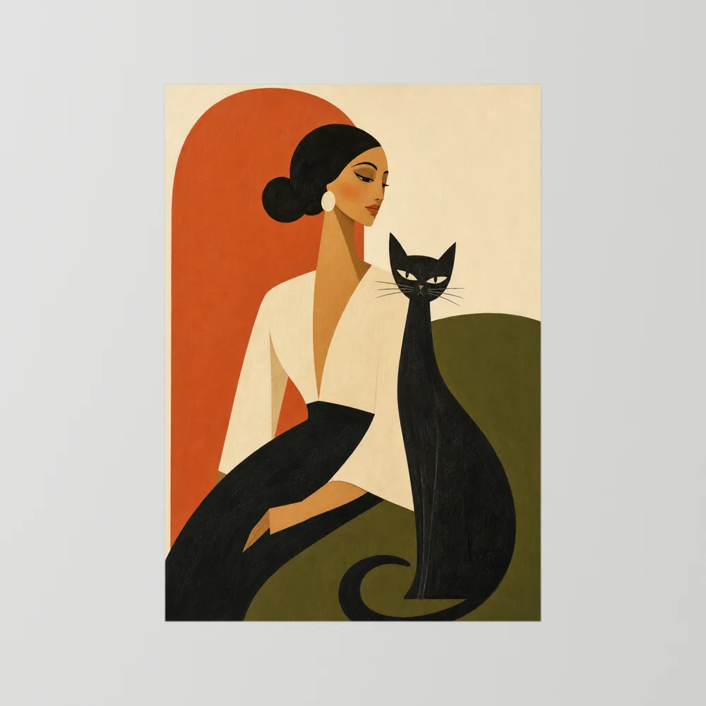 Woman with Sleek Black Cat Mid-Century Retro Art Print