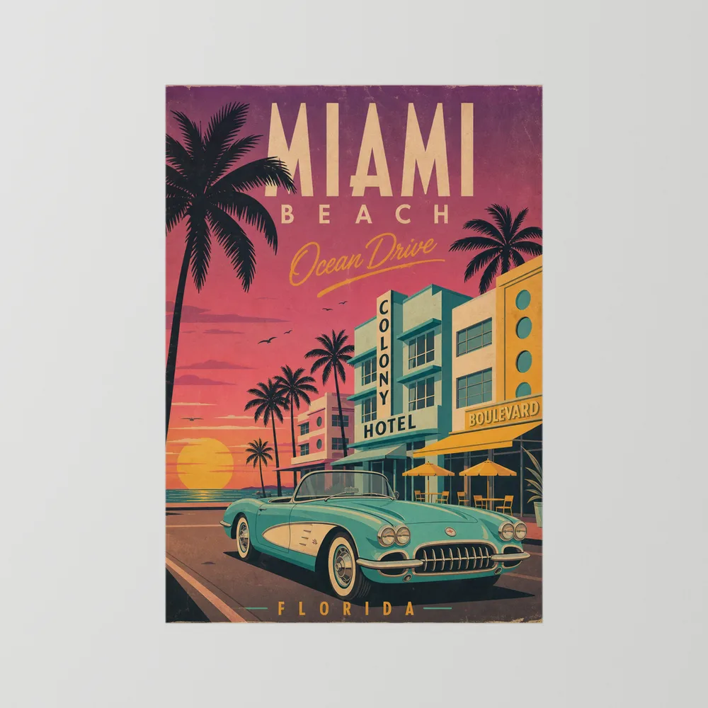 Miami Beach Ocean Drive Art Deco Vintage Travel Poster