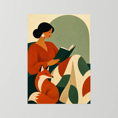 Woman Reading with Fox Mid-Century Retro Art Print