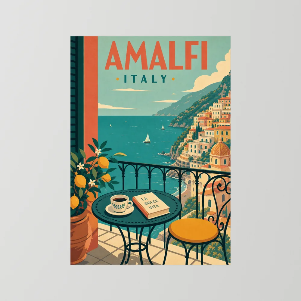 Amalfi Italy Coast Balcony Vintage Travel Poster Art Print