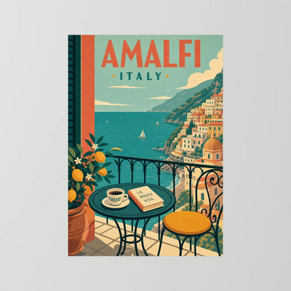 Amalfi Italy Coast Balcony Vintage Travel Poster Art Print