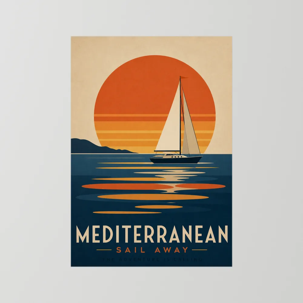 Mediterranean Sail Away Vintage Travel Poster Art Print