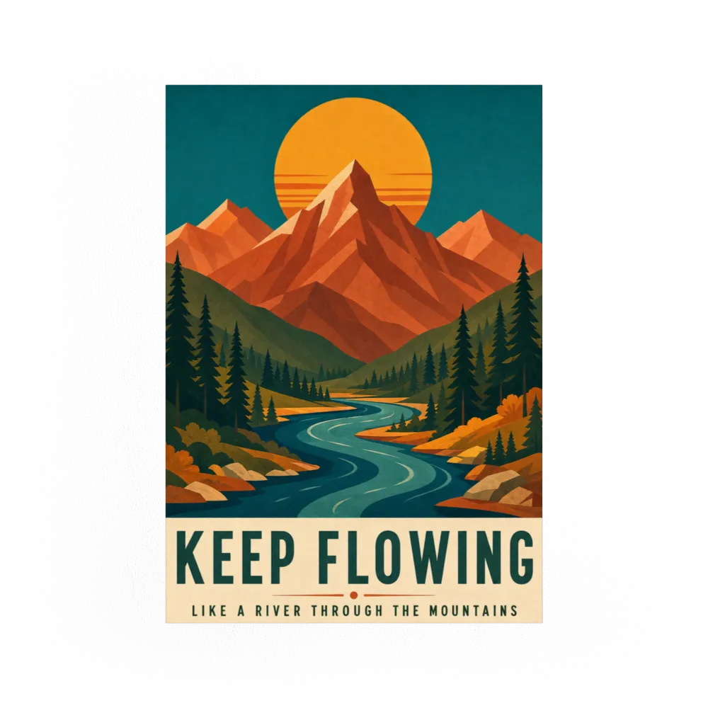 Keep Flowing – Retro Mountain & River Art Print