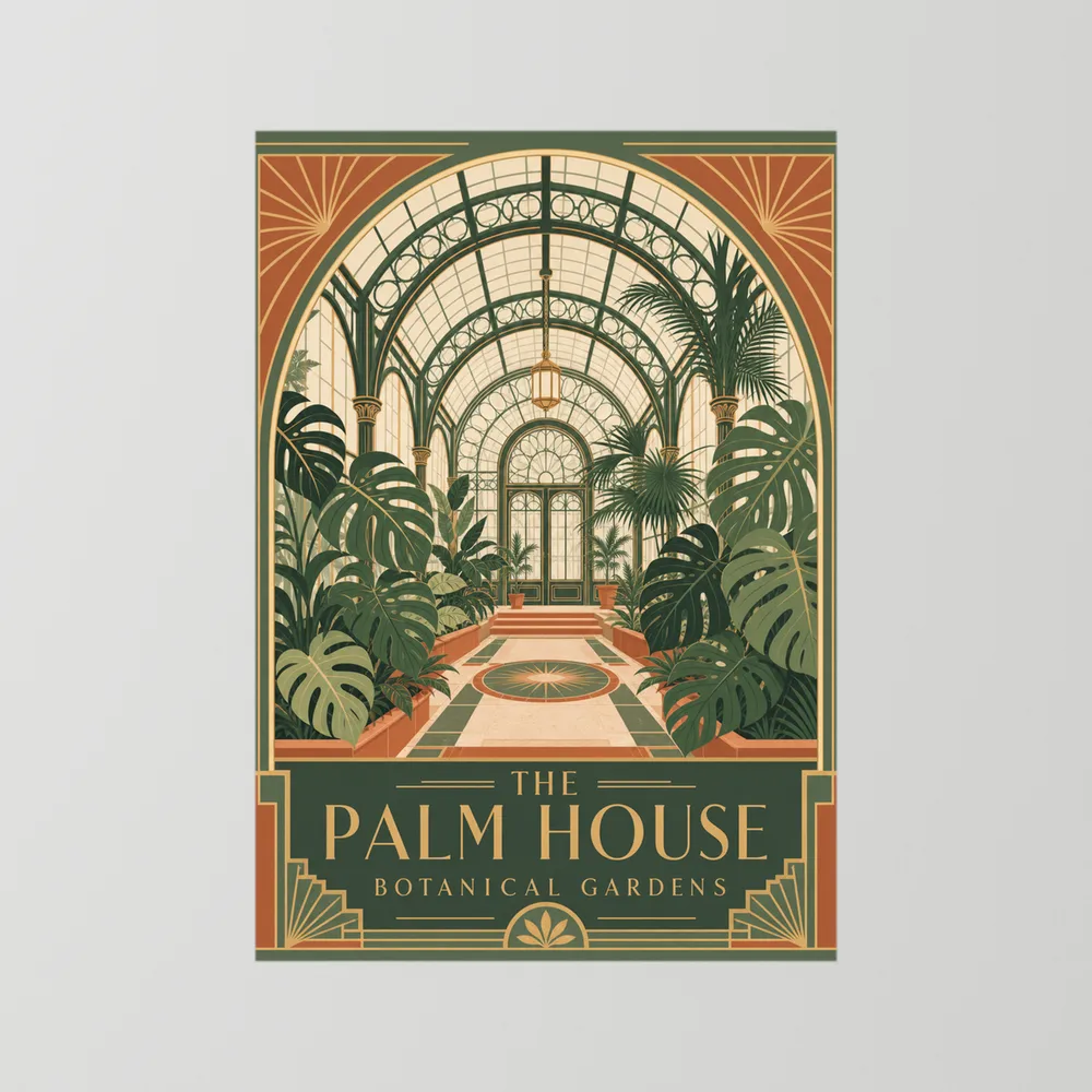 The Palm House: Botanical Gardens – Vintage Art Deco Conservatory Print