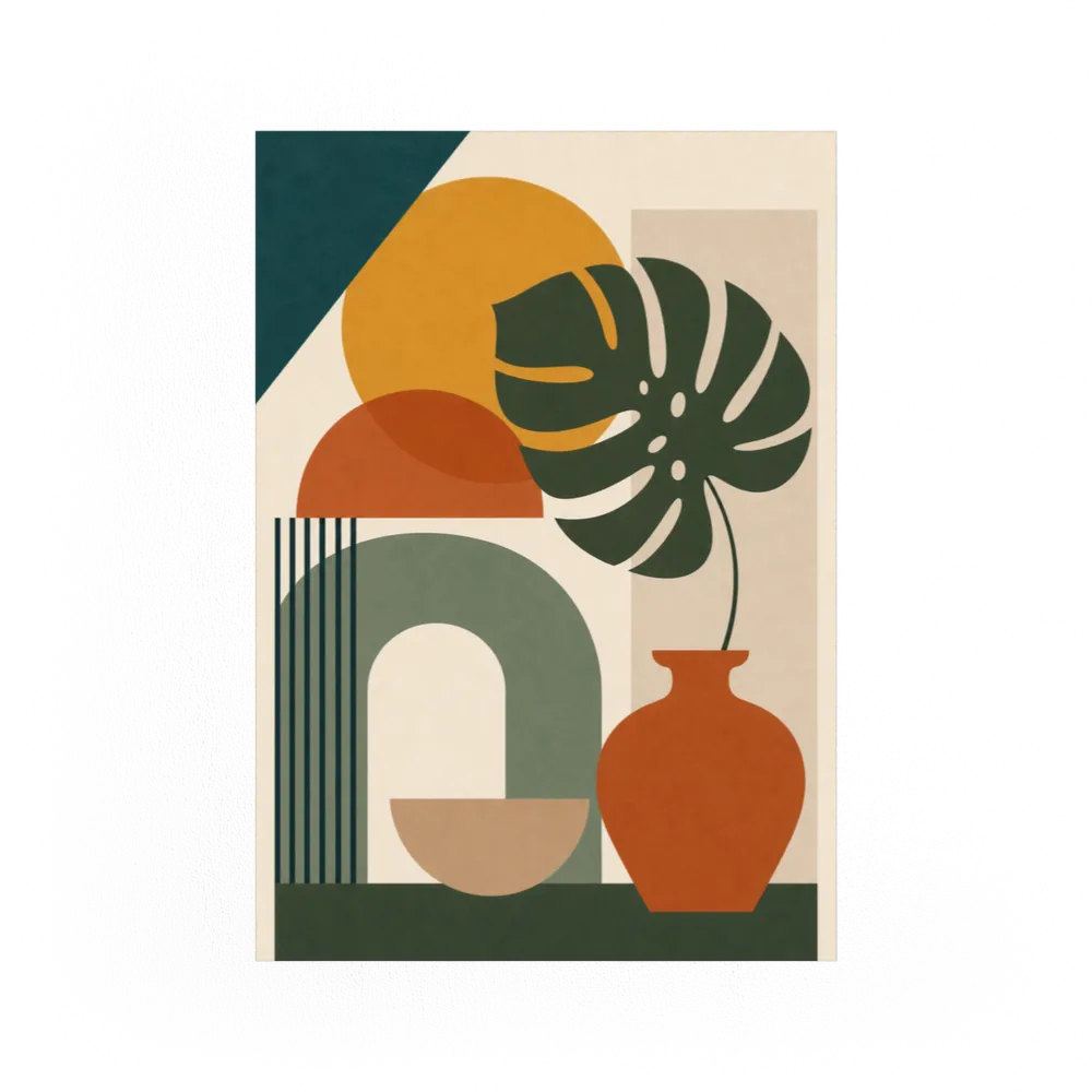 Mid-Century Monstera & Abstract Shapes Art Print