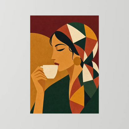 Woman Drinking Coffee with Geometric Headscarf Retro Art Print