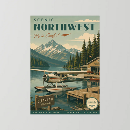 Scenic Northwest Clear Lake Washington Seaplane Vintage Travel Poster Art Print
