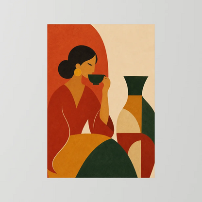 Woman Sipping Tea with Patterned Vase Boho Minimalist Art Print