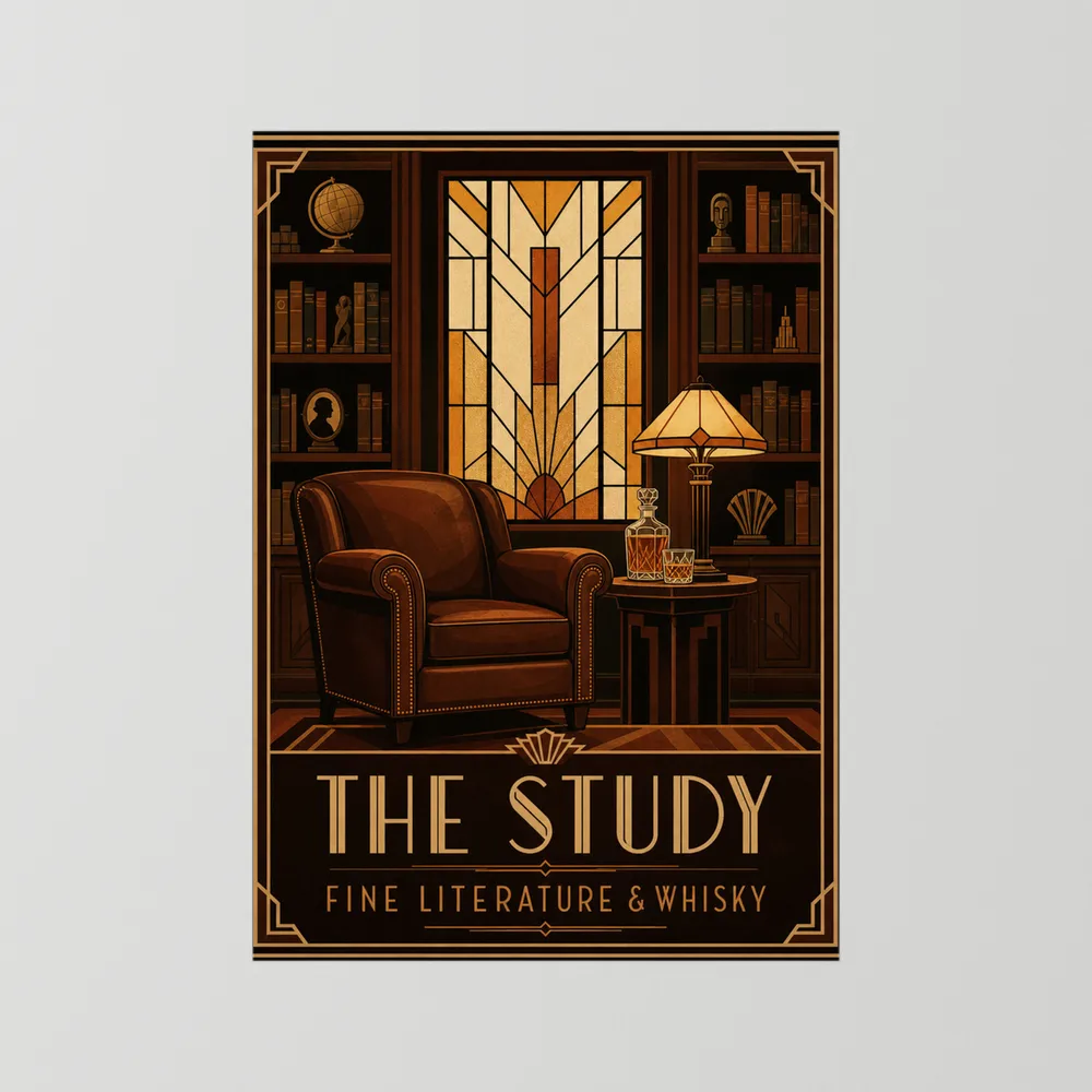 The Study: Fine Literature & Whisky – Vintage Art Deco Library Interior Print