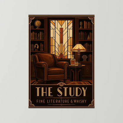The Study: Fine Literature & Whisky – Vintage Art Deco Library Interior Print