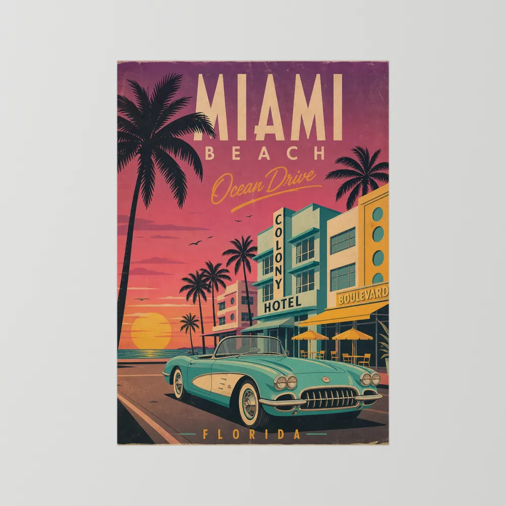 Miami Beach Ocean Drive Art Deco Vintage Travel Poster