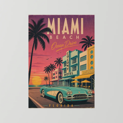 Miami Beach Ocean Drive Art Deco Vintage Travel Poster